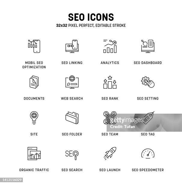 stockillustraties, clipart, cartoons en iconen met seo icon set. pixel perfect web seo elements symbol. outline seo icons. search engine optimization vector - searching the web