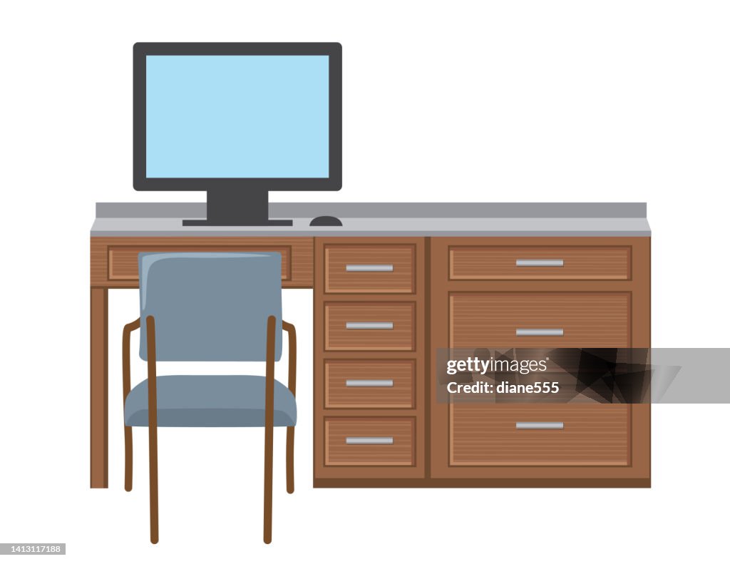 Computerwith Chair Drawing Simple Computer Desk With Chair In Flat Color High-Res Vector Graphic ...