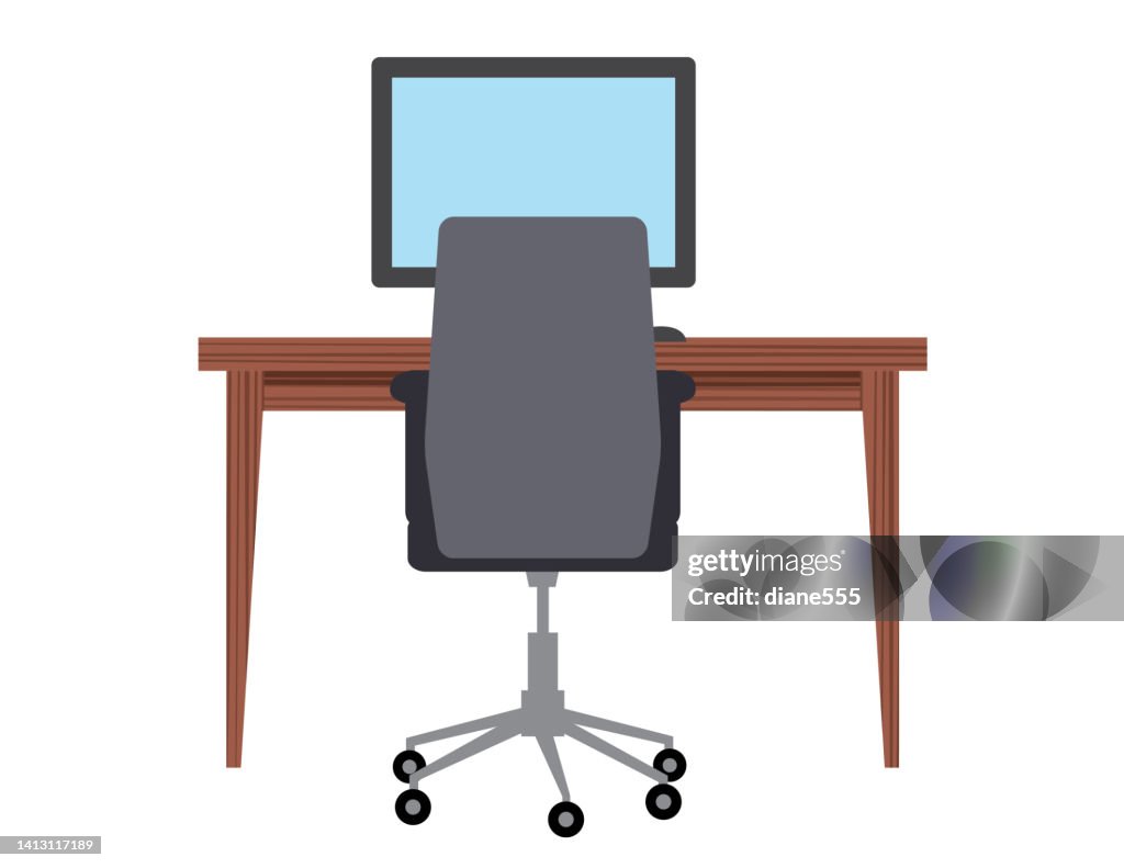 Computerwith Chair Drawing Simple Computer Desk With Chair In Flat Color High-Res Vector Graphic ...