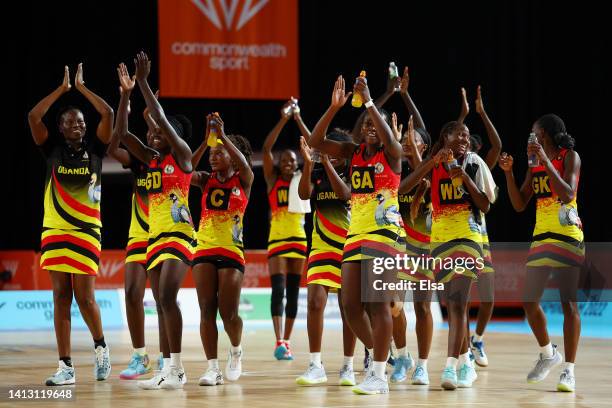 Team Uganda celebrate their victory in Netball - Classification 5-6 match between South Africa and Uganda on day eight of the Birmingham 2022...