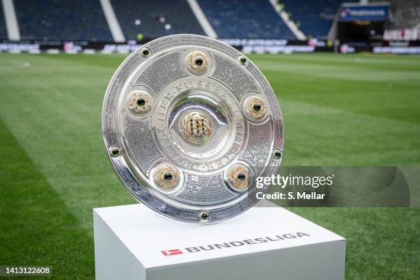 The Bundesliga Meisterschale is displayed in the stadium prior the Bundesliga match between Eintracht Frankfurt and FC Bayern München at Deutsche...