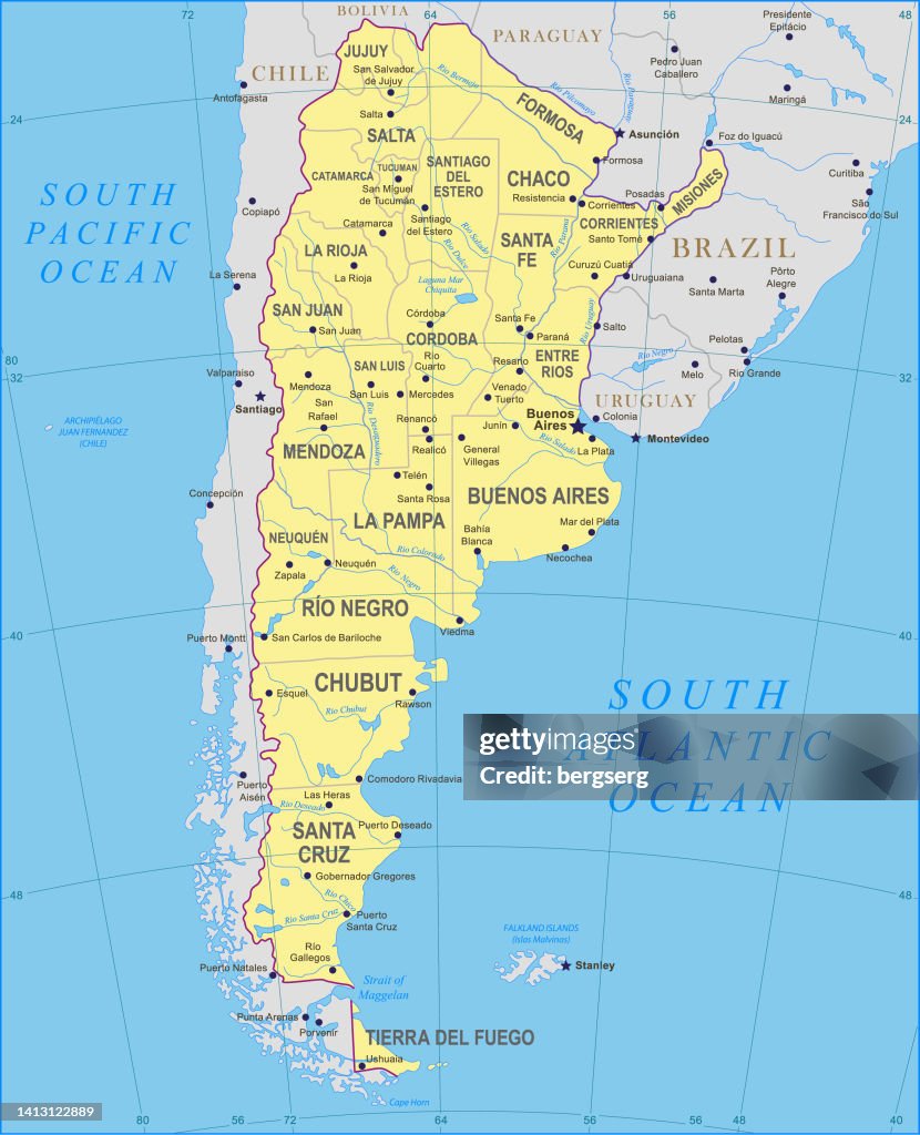 High detailed Argentina Map with Rivers and Capital Cities