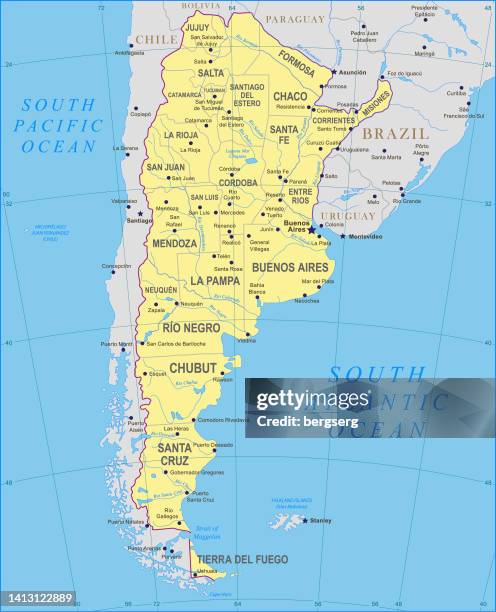 high detailed argentina map with rivers and capital cities - la plata argentina stock illustrations
