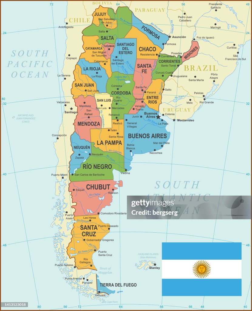 Argentinien Vintage Karte mit Flüssen, Regionen und Nationalflagge