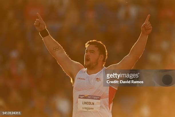 Scott Lincoln of Team England celebrates during the Men's Shot Put Final on day eight of the Birmingham 2022 Commonwealth Games at Alexander Stadium...