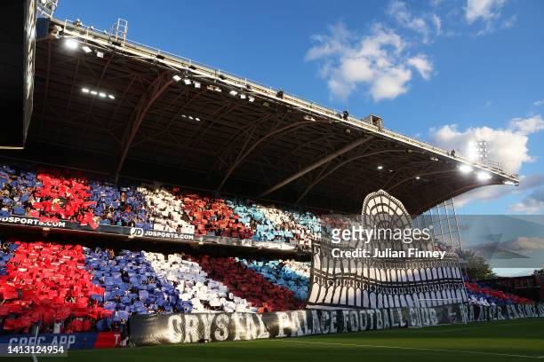Crystal Palace fans create a tifo of the Crystal Palace Exhibition building prior to the Premier League match between Crystal Palace and Arsenal FC...
