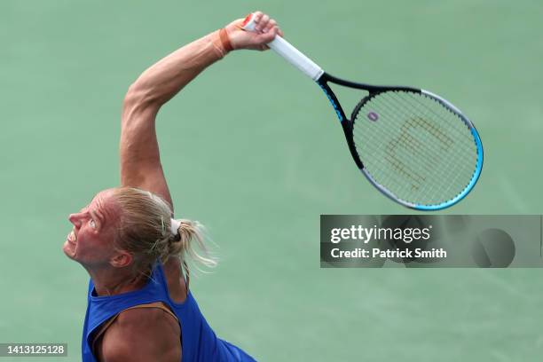 Kaia Kanepi of Estonia serves a shot to Anna Kalinskaya during Day 7 of the Citi Open at Rock Creek Tennis Center on August 5, 2022 in Washington, DC.