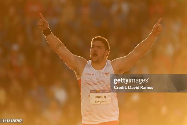 Scott Lincoln of Team England celebrates during the Men's Shot Put Final on day eight of the Birmingham 2022 Commonwealth Games at Alexander Stadium...