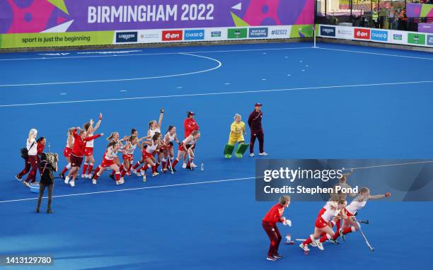 Team England celebrate after victory in the Women's Hockey Semi-Final match between Team England and Team New Zealand on day eight of the Birmingham...