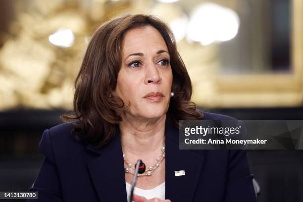 Vice President Kamala Harris listens during a roundtable on reproductive rights in the Eisenhower Executive Office Building on August 05, 2022 in...