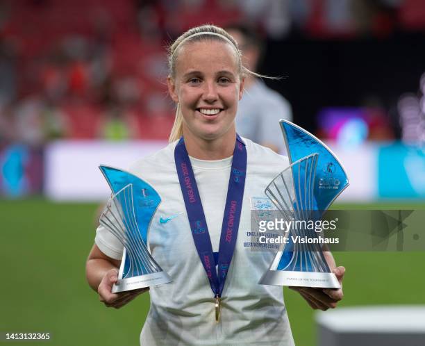 Beth Mead of England with her trophies for Player of the Tournament and Top Scorer after the UEFA Women's Euro England 2022 final match between...