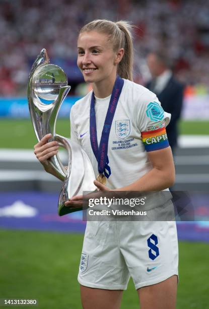 England captain Leah Williamson with the trophy after the UEFA Women's Euro England 2022 final match between England and Germany at Wembley Stadium...