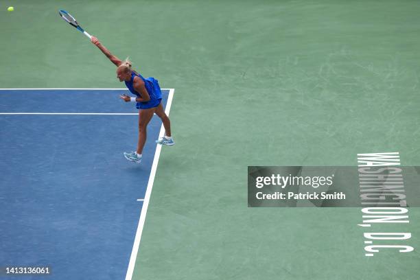 Kaia Kanepi of Estonia serves a shot to Anna Kalinskaya during Day 7 of the Citi Open at Rock Creek Tennis Center on August 5, 2022 in Washington, DC.