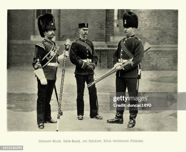 victorian british army, sergeant major, drum major, sergeant, royal inniskilling fusiliers, military uniforms 19th century - marching band drum major stock illustrations