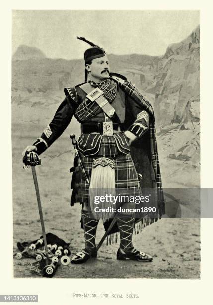 victorian british army, pipe major of the royal scots, claymore sword, bagpipes, military uniforms 19th century - army in scotland stock illustrations