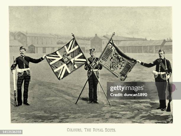 victorian british army, colours of the royal scots regiment, military uniforms 19th century - british military stock illustrations