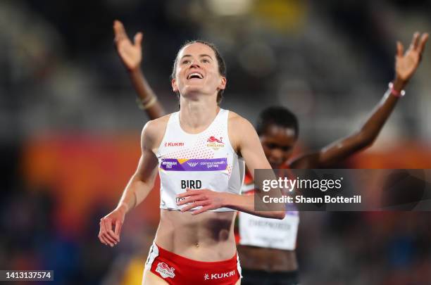 Elizabeth Bird of Team England celebrates winning the silver medal in the Women's 3000m Steeplechase Final on day eight of the Birmingham 2022...