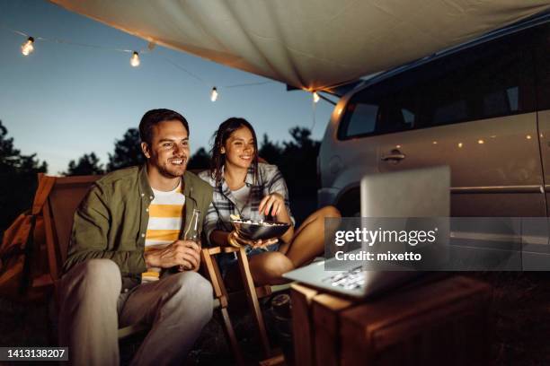 romantic campingh date night - couple watching a movie bildbanksfoton och bilder