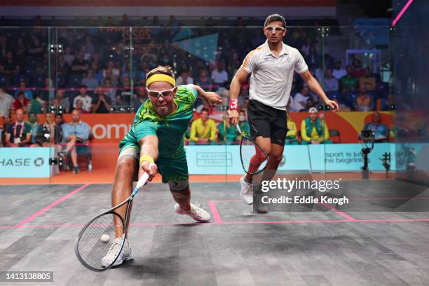 Saurav Ghosal of Team India and Zac Alexander of Team Australia compete during their Squash Mixed Doubles Quarter-Final match on day eight of the...