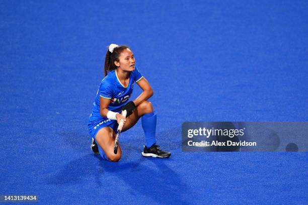 Lalremsiami of Team India looks dejected after a missed penalty during the Women's Hockey Semi-Final match between Team Australia and Team India on...