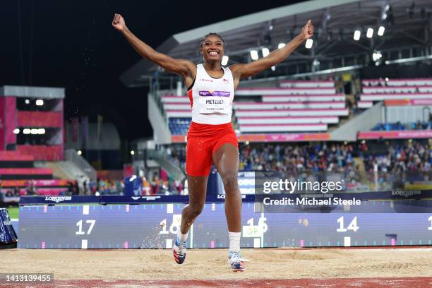 Naomi Metzger of Team England celebrates winning the bronze medal in the Women's Triple Jump Final on day eight of the Birmingham 2022 Commonwealth...