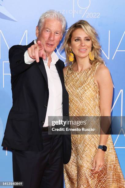 Richard Gere and Alejandra Silva attend the Magna Graecia Film Festival 2022 at Arena on August 05, 2022 in Catanzaro, Italy.