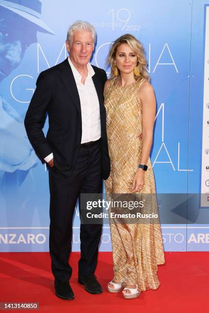 Richard Gere and Alejandra Silva attend the Magna Graecia Film Festival 2022 at Arena on August 05, 2022 in Catanzaro, Italy.