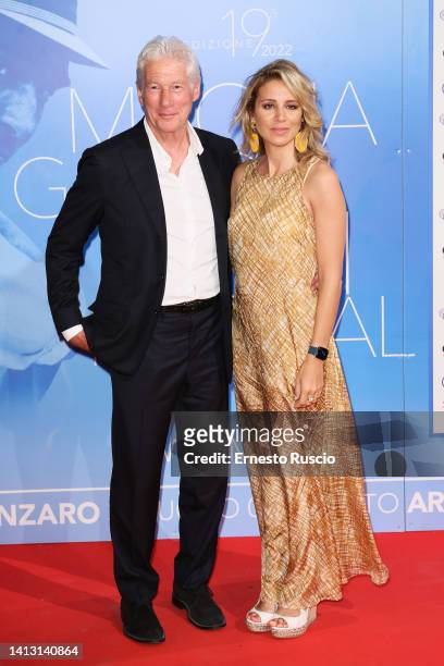 Richard Gere and Alejandra Silva attend the Magna Graecia Film Festival 2022 at Arena on August 05, 2022 in Catanzaro, Italy.