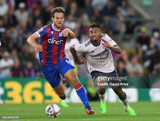 Gabriel Jesus of Arsenal takes on Joachim Andersen of Palace during the Premier League match between Crystal Palace and Arsenal FC at Selhurst Park...
