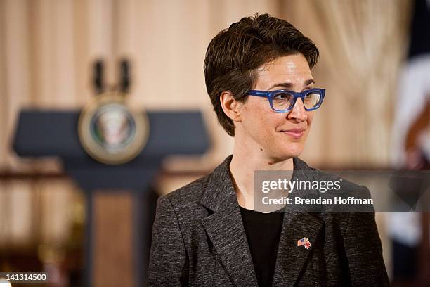 Television host Rachel Maddow arrives for a lunch hosted in honor of Prime Minister David Cameron at the State Department on March 14, 2012 in...