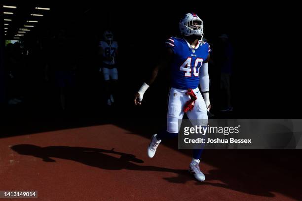 Von Miller of the Buffalo Bills takes the field during practice on August 05, 2022 in Orchard Park, New York.