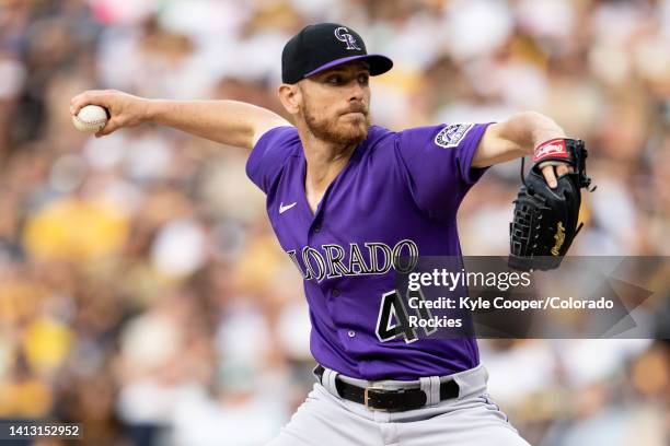 Chad Kuhl of the Colorado Rockies pitches during a game against the San Diego Padres August 3, 2022 at Petco Park in San Diego, California.