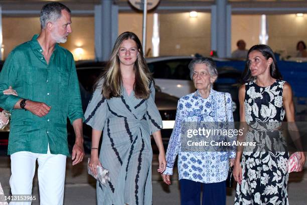 King Felipe VI of Spain, Crown Princess Leonor of Spain, Princess Irene of Greece and Queen Letizia of Spain leave the Ola de Mar restaurant on...