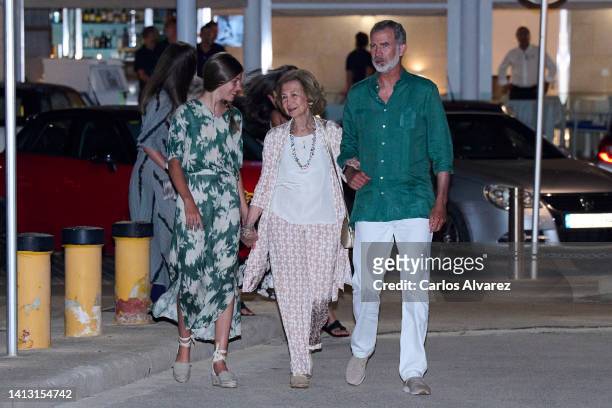Princess Sofia of Spain, Queen Sofia and King Felipe VI of Spain leave the Ola de Mar restaurant on August 05, 2022 in Palma de Mallorca, Spain.