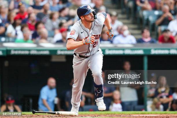 Trey Mancini of the Houston Astros hits a solo home run in the top of the second inning during the game against the Cleveland Guardians at...