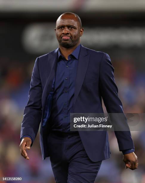 Manager of Crystal Palace Patrick Viera looks on after the Premier League match between Crystal Palace and Arsenal FC at Selhurst Park on August 05,...