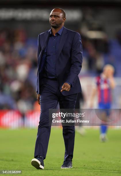 Manager of Crystal Palace Patrick Viera looks on after the Premier League match between Crystal Palace and Arsenal FC at Selhurst Park on August 05,...