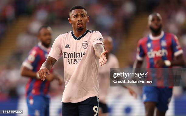 Gabriel Jesus of Arsenal looks on during the Premier League match between Crystal Palace and Arsenal FC at Selhurst Park on August 05, 2022 in...