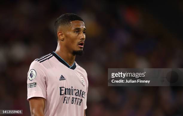 William Saliba of Arsenal looks on during the Premier League match between Crystal Palace and Arsenal FC at Selhurst Park on August 05, 2022 in...