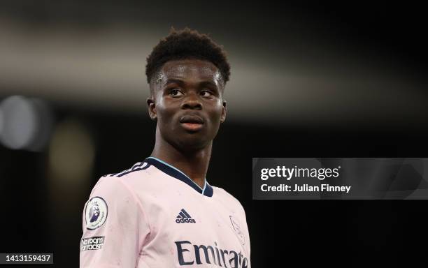 Bukayo Saka of Arsenal looks on during the Premier League match between Crystal Palace and Arsenal FC at Selhurst Park on August 05, 2022 in London,...