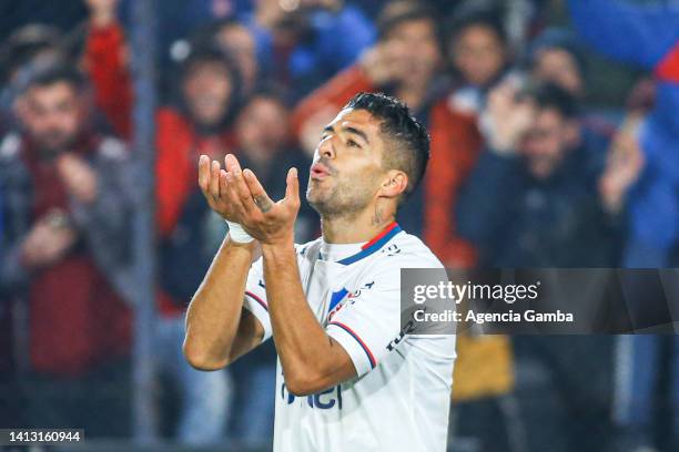 Luis Suarez of Nacional celebrates after scoring his team's third goal during a match between Nacional and Rentistas as part of Torneo Clausura 2022...