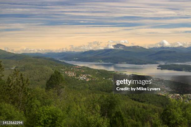 eastern part of the moldefjord as seen from varden viewpoint - molde panorama stock pictures, royalty-free photos & images
