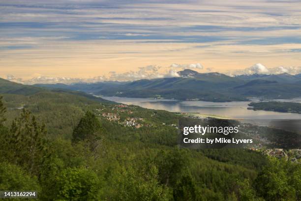 eastern part of the moldefjord as seen from varden viewpoint - romsdal stock pictures, royalty-free photos & images