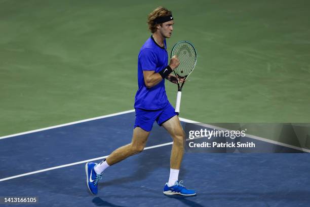 Andrey Rublev celebrates a point against J.J. Wolf of the United States during Day 7 of the Citi Open at Rock Creek Tennis Center on August 5, 2022...