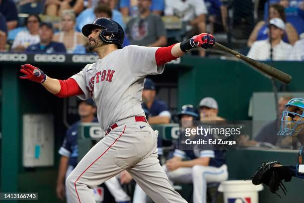 Martinez of the Boston Red Sox hits a two-run double in the fourth inning against the Kansas City Royals at Kauffman Stadium on August 05, 2022 in...
