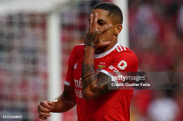 Gilberto of SL Benfica celebrates after scoring a goal during the Liga Portugal Bwin match between SL Benfica and FC Arouca at Estadio da Luz on...