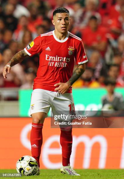 Enzo Fernandez of SL Benfica in action during the Liga Portugal Bwin match between SL Benfica and FC Arouca at Estadio da Luz on August 5, 2022 in...