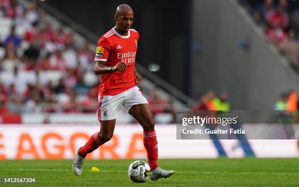 Joao Mario of SL Benfica in action during the Liga Portugal Bwin match between SL Benfica and FC Arouca at Estadio da Luz on August 5, 2022 in...