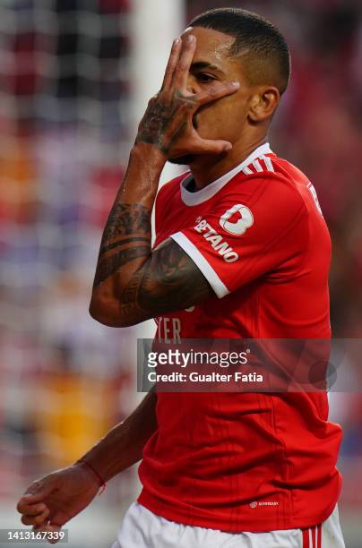 Gilberto of SL Benfica celebrates after scoring a goal during the Liga Portugal Bwin match between SL Benfica and FC Arouca at Estadio da Luz on...