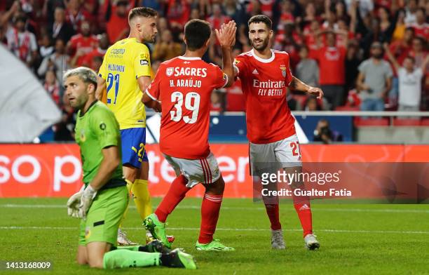 Rafa Silva of SL Benfica celebrates with teammate Henrique Araujo of SL Benfica after scoring a goal during the Liga Portugal Bwin match between SL...